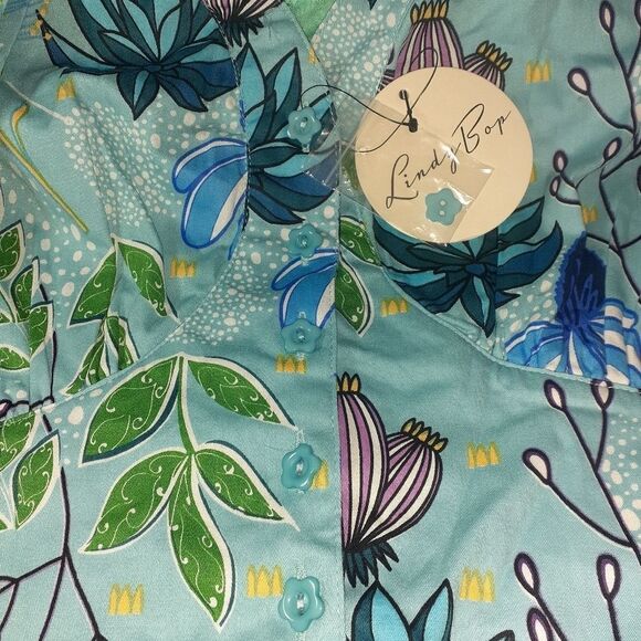 Lindy Bop Dress Turquoise Blue Floral Print Pinup Swing Dress Size 10 - Picture 9 of 11